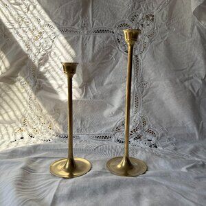 Vintage Mid-Century Brass Candlestick Holders Tall Slim Pair